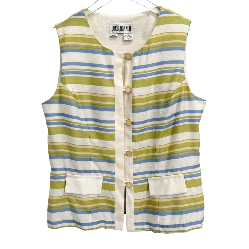 Vintage Coco Bianco Striped Button Front Vest Size 12 Chic Quiet Luxury Preppy
